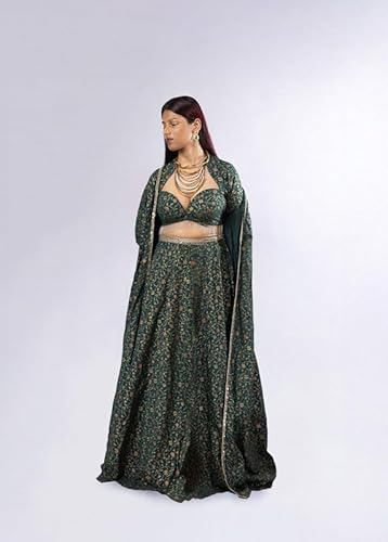 Anakriti Label Women Dark Green Lehenga Set with Jacket & Sweetheart Neck Blouse | Festive Indo-Western Ethnic Outfit for Wedding, Sangeet & Party Function Dark Green - XS