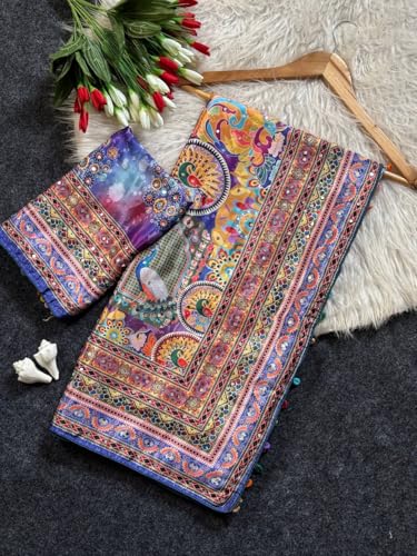 SHANTVAN GALLERY Ajrakh Sarees for Women Roman Silk Ajrakh Print Saree for Woman with Mirror Work Border Pallu & Kodi Latkan with Blouse Piece Designer Ethnic Wear