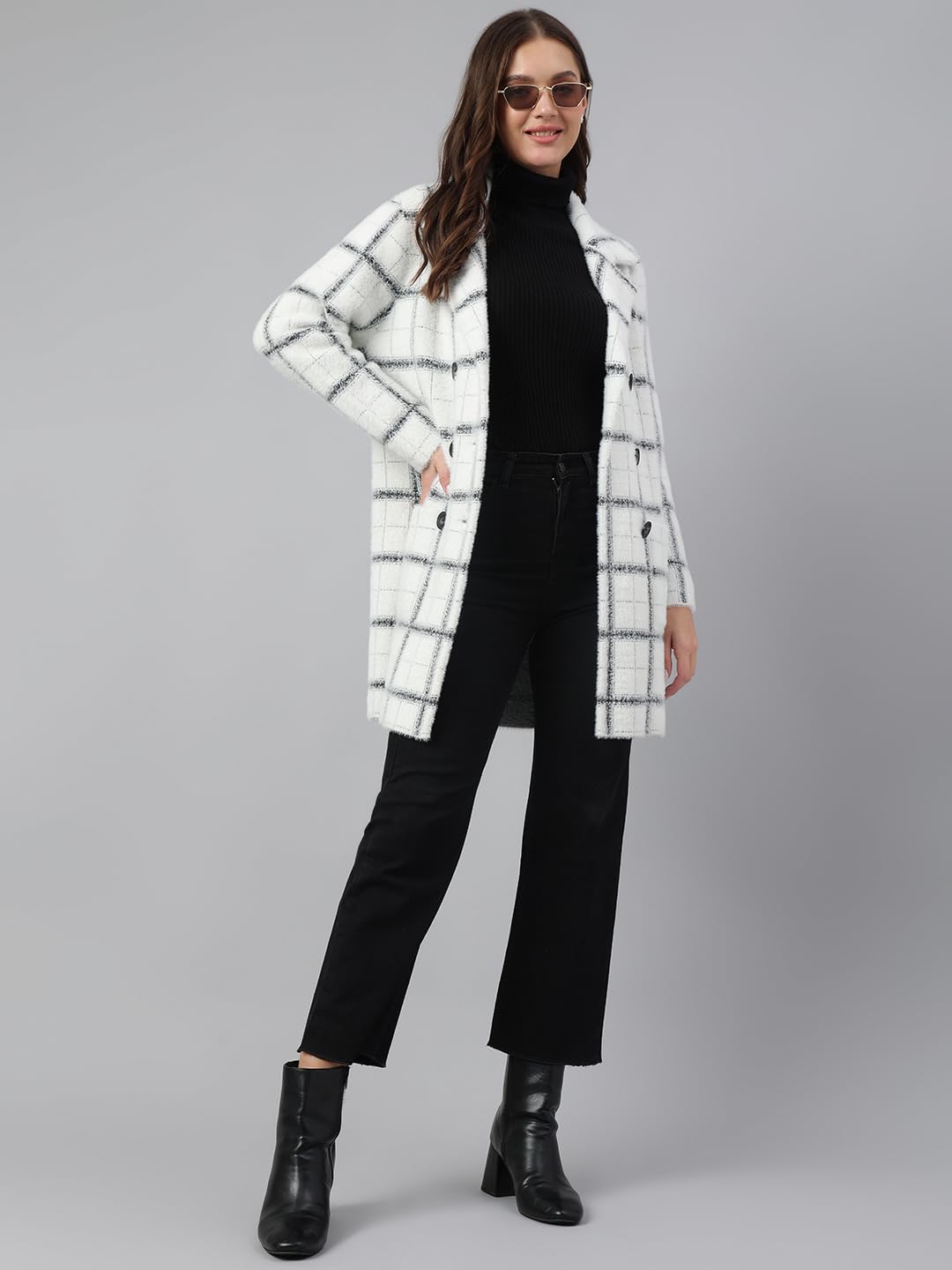 Latin Quarters Women Ivory Full Sleeve Casual Checked Coat_M
