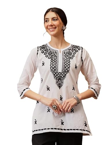 Ada Hand Embroidered Lucknowi Chikankari Cotton Short Kurti Top Tunic for Women A911479 White & Black (3XL)