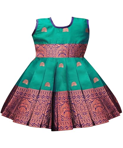 Suzvan Baby Girls South Indian Traditional Pattu Pavadai Jacquard Silk Lehenga Choli (Rama, 12 Months-24 Months)