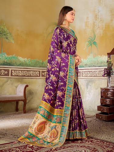 Glory Sarees Women’s Luxurious Dola Satin Pure Silk Original Saree Position Print Work Madhubani Inspired Motifs Banarasi Kanjivaram Style Saree With Blouse Piece (Elegant106_Purple)