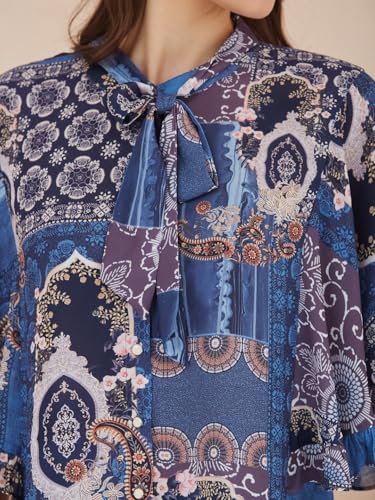 Latin Quarters Women Blue Cape Sleeves Tie Neck Printed Top for Casual_XXL
