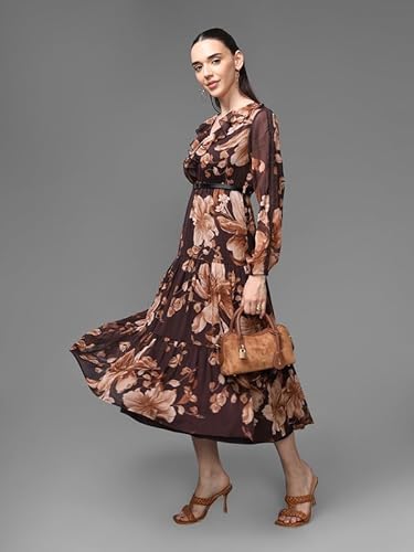 Kazo Floret Maxi Dress with Belt (Brown_XL)