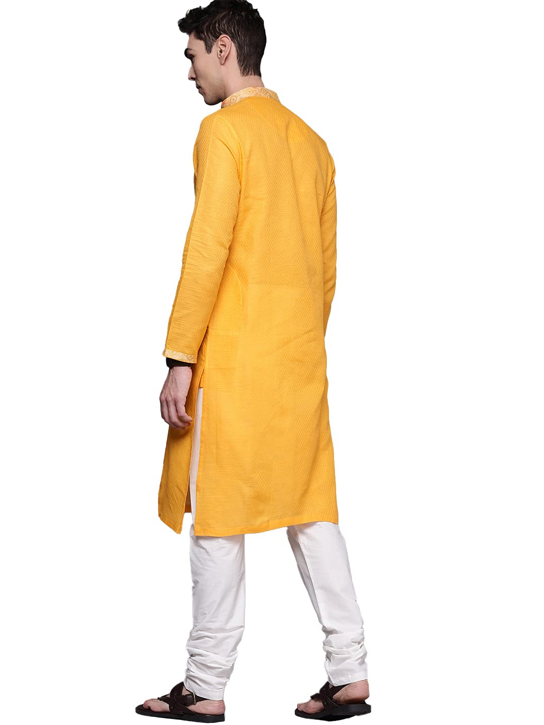 Manyavar SelfDesign Knee Long Kurta and Churidar Set For Men - (Yellow, Large)