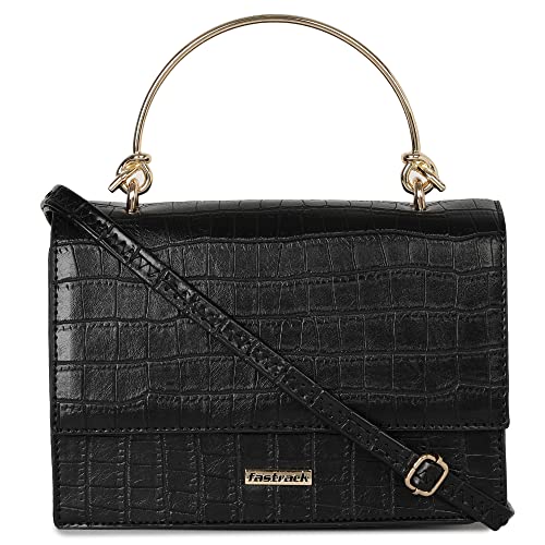 Fastrack Women's Croco Textured Satchel with Dainty Metal Handle, Detachable Sling Strap & Button Closure, Black