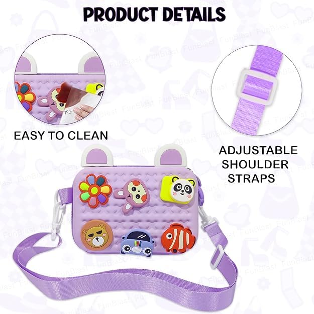 JI ACCESSORIES Cartoon Soft Silicone Bag Crossbody Shoulder Bag Purse Waterproof Anti Fall Stationery Storage Bag Handbag Sweet Birthday Gift For Children Students Girls, Multicolor (PURPLE)