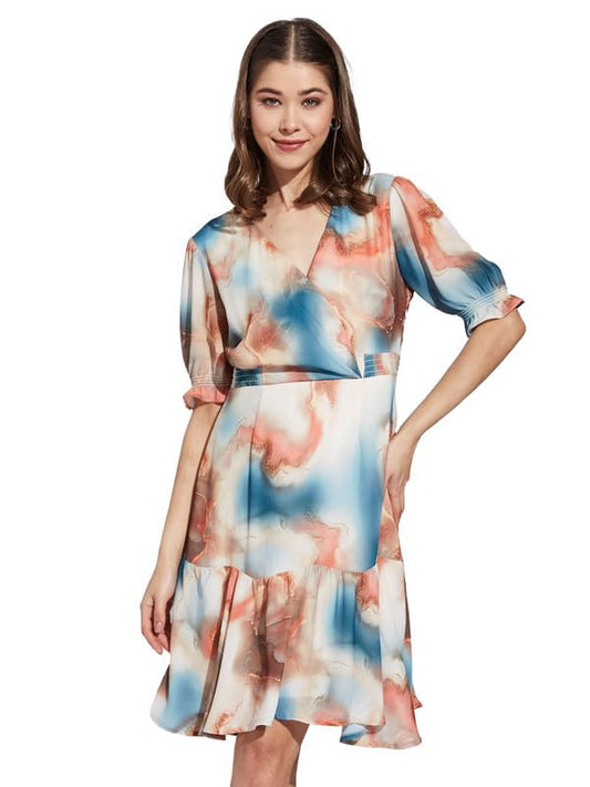 Latin Quarters Women Orange V-Neck Half Sleeve Printed A-Line Dress_XL