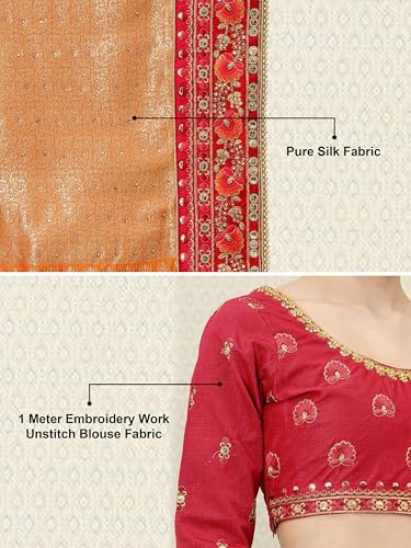 TRENDMALLS Women's Pure Silk Embroidery Work Saree with Unstitch Blouse Piece (K1113-Orange)