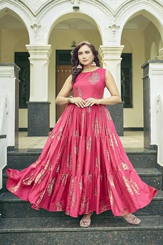 Samprag Rayon Gown for Women | Full Length | Printed | Fit & Flare | Sleevesless | Round Neck | Stylish | Ethenic Dress | Ideal for Casual, Wedding & Party Occassions | Pink | M