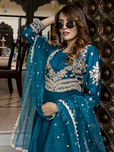TRENDMALLS Women's Art Silk Embroidery Work Anarkali Kurta Pant with Net Dupatta Set For Women (G333-Morpeach-3XL)