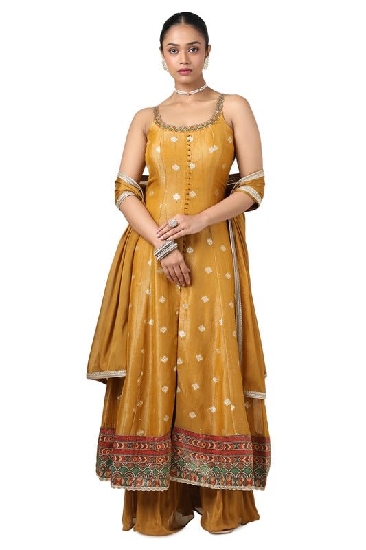 Soch Womens Mustard Brocade Zari Woven Suit Set With Sequins
