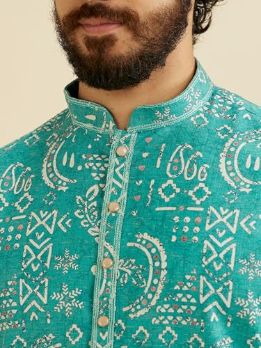 Manyavar Men's Cotton Blend Printed Kurta (Teal Green,XL)