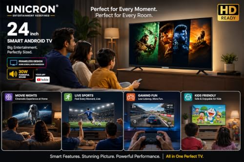 UNICRON 24”INCH Frameless HD Ready Android Smart LED TV | WiFi Enabled | Built-in Apps Compatible (YouTube, Netflix, Prime Video) | Screen-Mirror | HDMI, USB Connectivity & A+