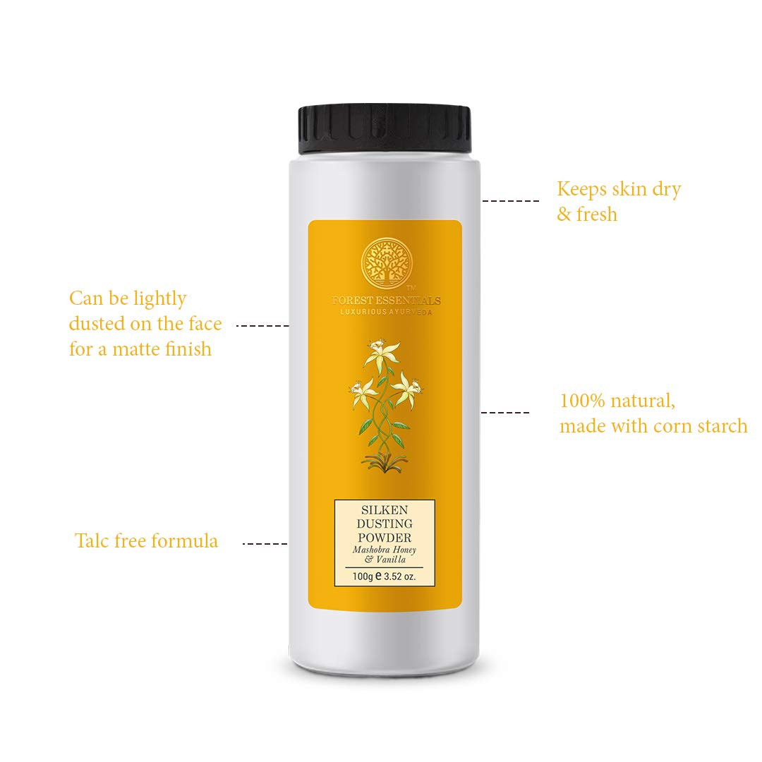 Forest Essentials Silken Dusting Powder Mashobra Honey & Vanilla | Natural Talc Free Powder with Vanilla & Honey| Highly Absorbent & Refreshing