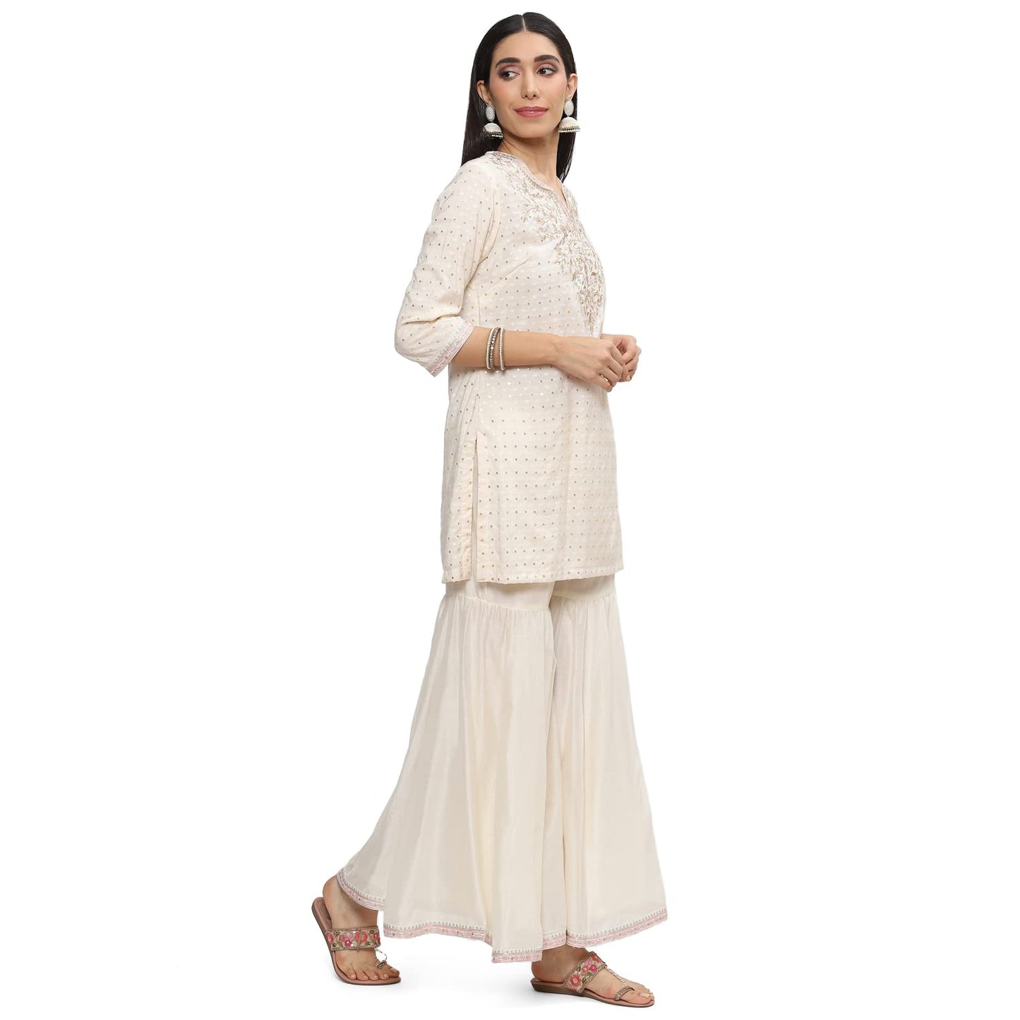 BIBA WOMEN EMBROIDERY RELAXED SALWAR KURTA DUPATTA(SKDKIRAN8471_OWHT/BLUSH PNK_32)