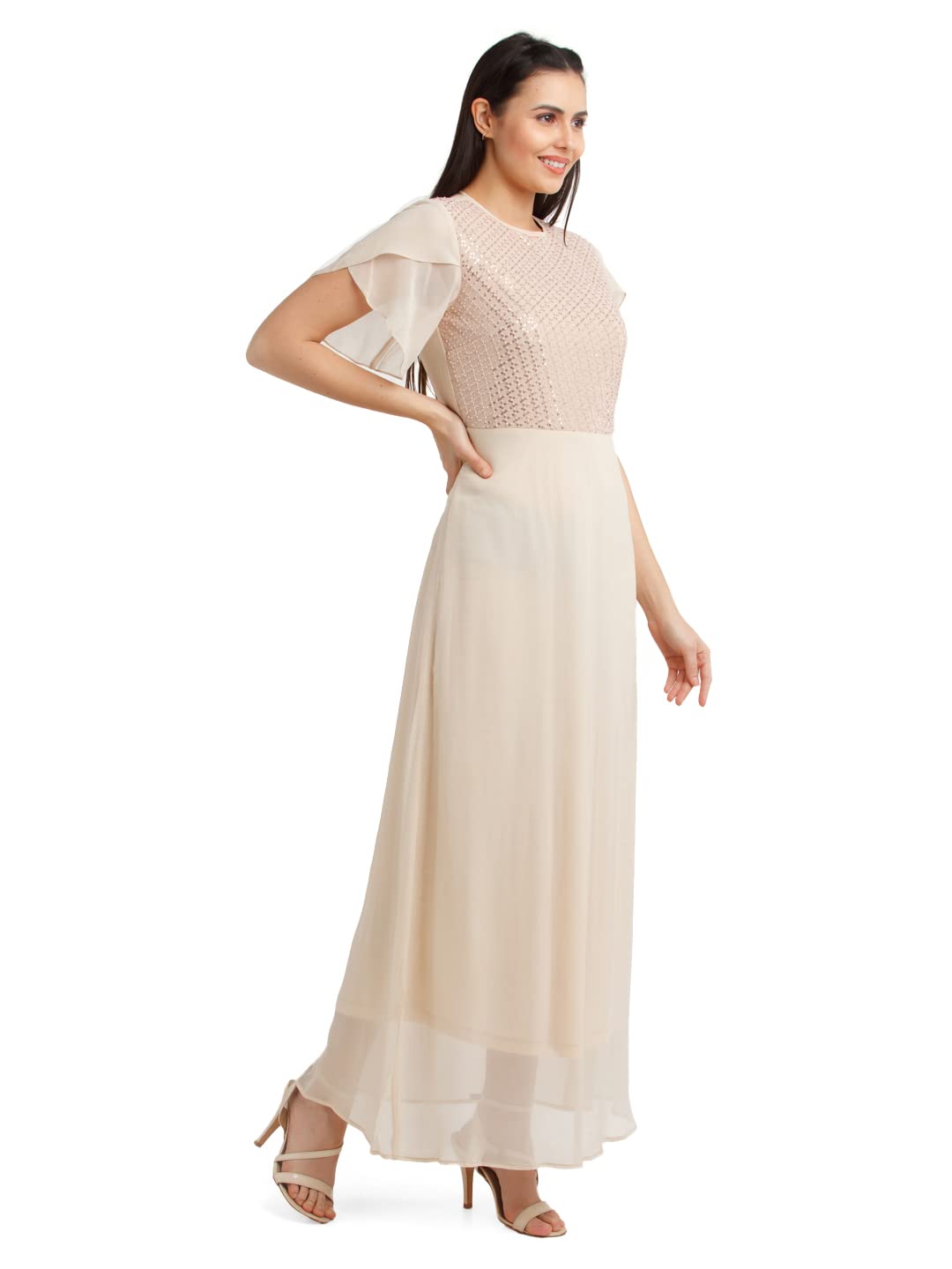 Zink London Women's Beige Embellished Flared Sleeve Maxi Dress
