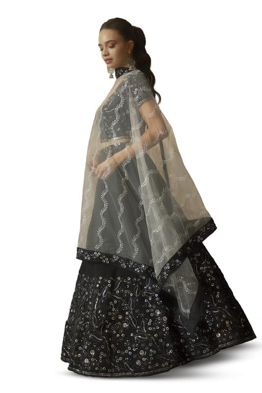 Soch Womens Black Georgette Botanical Pattern Sequin Embellished Unstitched Lehenga Set