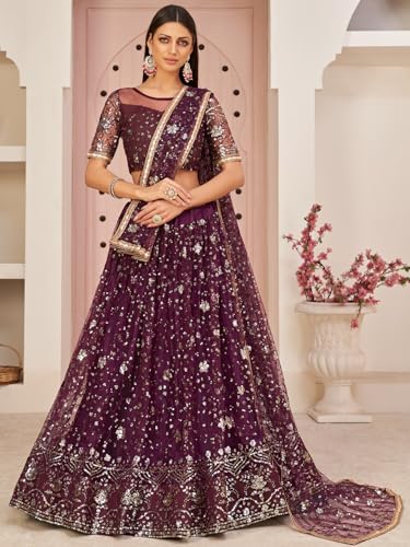 Zeel Clothing Womens Net Lehenga Choli Semi-Stitched Wine Wedding Bridal Free Size