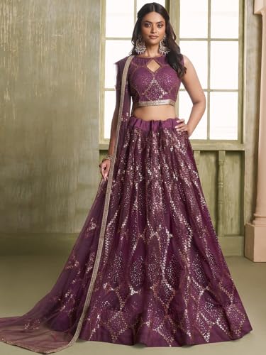 Zeel Clothing Women's Net Semi-Stitched Thread Sequins Work Embroideredry Soft Lehenga Choli with Dupatta (NFH-2206-Wine--Lehenga-Choli-Latest; Free Size)