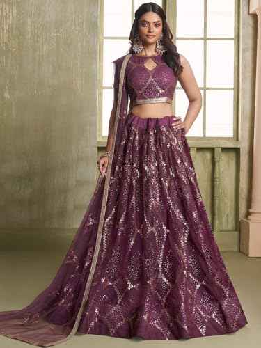 Zeel Clothing Women's Thread Sequins Work Embroidery Soft Net Lehenga Choli with Dupatta (NFH-2206-Wine-Women-Lehenga-Choli-Latest; Free Size)