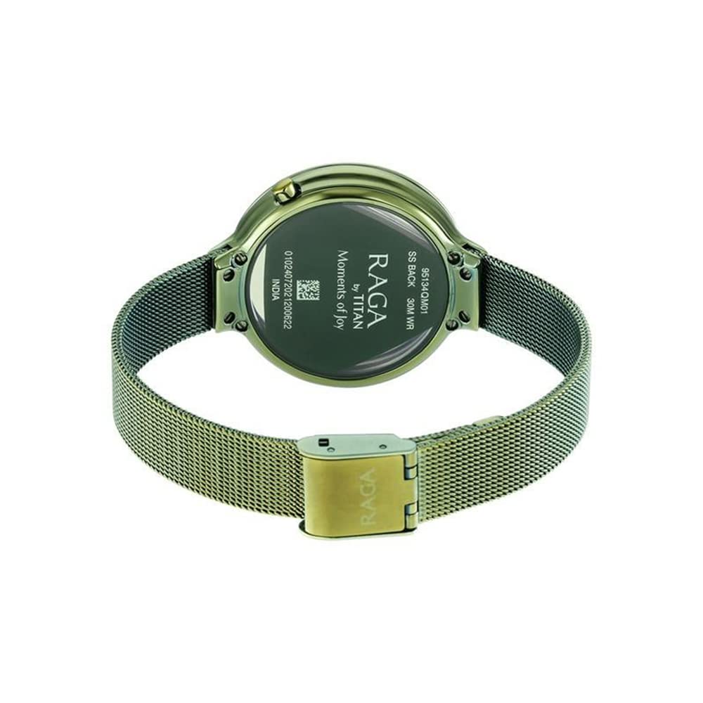 Titan Raga Moments of Joy Quartz Analog Green Dial Metallic Green Stainless Steel Strap Watch for Women - NT95134QM01