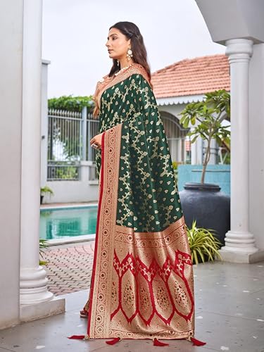 MANOHARI Women's Most Trendy Banarasi Satin Silk Woven Green & Red Saree With Heavy Jacquard Work Saree With Blouse Piece_MN2065