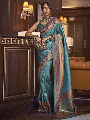 AKHILAM Women's Woven Design Silk Blend Saree With Unstitched Blouse Piece (Turquoise_KAZAH271001)