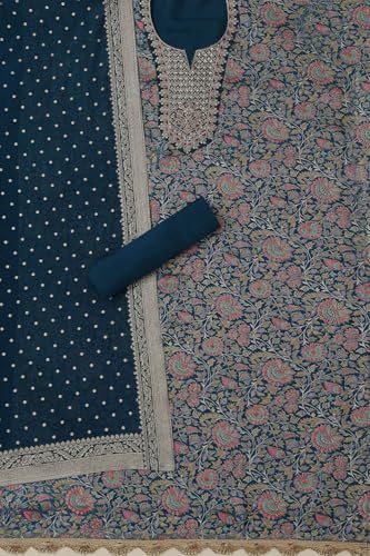 Soch Womens Blue Silk Blend Floral Print Unstitch Dress Material With Sequins