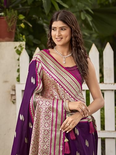 MANOHARI Women's Most Trendy Banarasi Satin Silk Woven Magenta Flower Pattern Saree With Heavy Jacquard Work Saree With Blouse Piece_MN2037