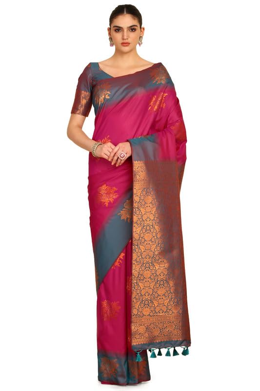 Soch Womens Fuchsia Floral Zari Woven Design Silk Blend Saree With Tassels
