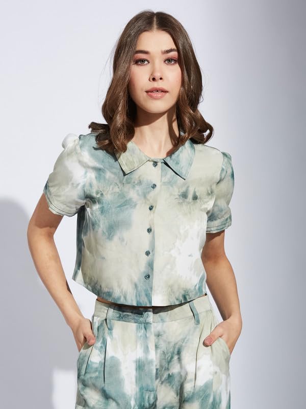Latin Quarters Women Green Collar Neck Half Sleeve Printed Casual Shirt Blouse_M