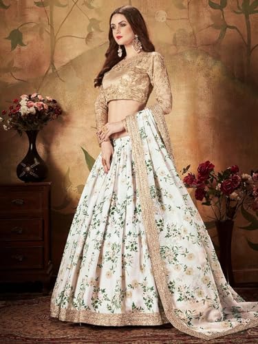Zeel Clothing Organza Women's Digital Print & Heavy Embroidery Lace Semi Stitched Lehenga Choli With Dupatta (7027-White-Wedding-Stylish-Lehenga-Choli; Free Size)