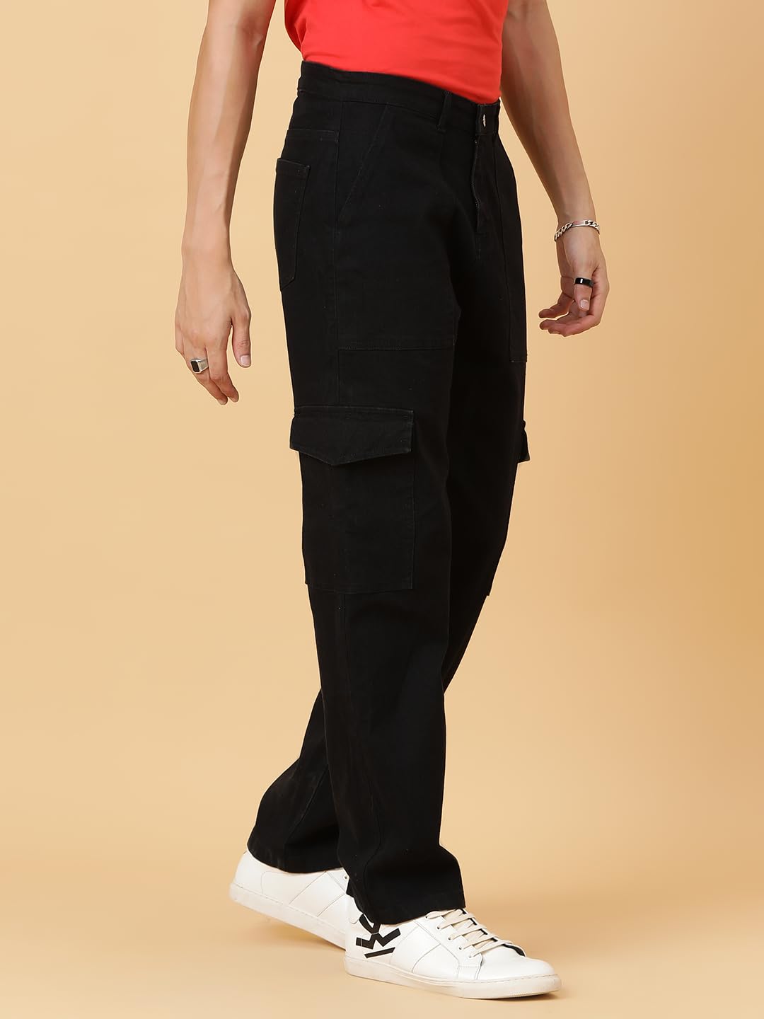 KOTTY Men's Solid Mid Rise Straight Fit Stylish Looking Cargo Jeans(Black,34)