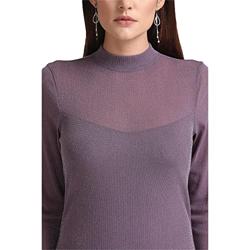 Kazo Solid Polyester Blend High Neck Women's Midi Dress (Purple,Large)