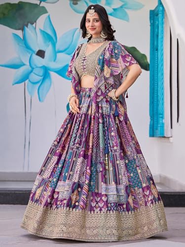 Zeel Clothing Women's Digital Print with Zari Dori Embroidery Work Chinnon Silk Lehenga Choli With Dupatta (7050-Women-Lehenga-Choli-New; Free size) (Purple)