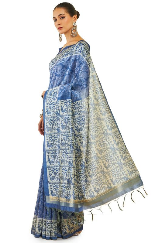 Soch Womens Indigo Tussar Silk Saree With Tribal Print And Zari Woven Saree