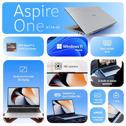 Acer Smartchoice Aspire One, AMD Ryzen 3-7320U, 8GB LPDDR5 RAM/ 256GB SSD, 14.0"/35.56cm TN HD Display, Win 11 Home, Pure Silver, 1.48KG, A114-43, Thin and Light Laptop