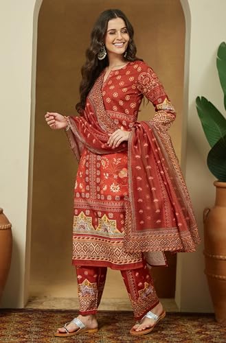 Janasya Women's Rust Orange Cotton Blend Floral Printed Pakistani Straight Kurta Set (JAC25ST02970-XL)