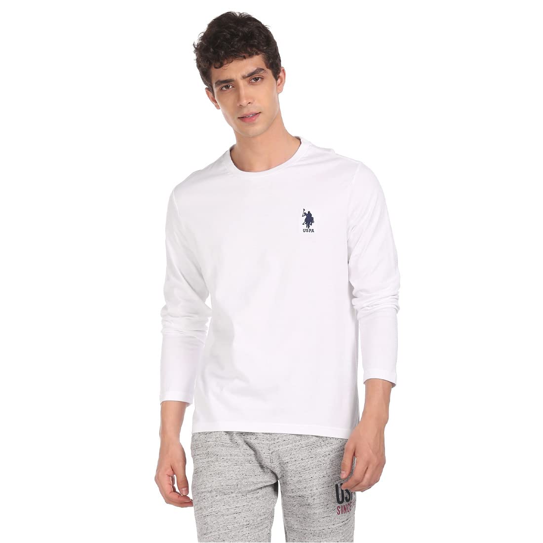 U.S. POLO ASSN. Men Pure Cotton Long Sleeve Solid I693 T-Shirt - Pack of 1 (White L)