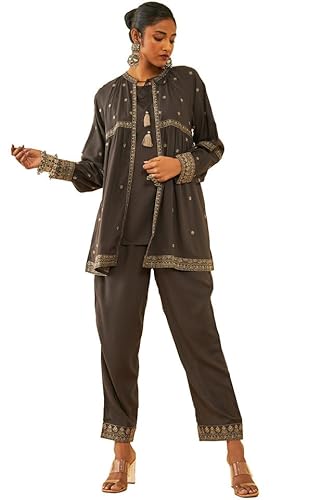 Soch Womens Charcoal Rayon Slub Three-Piece Co-Ord Set with Thread Work