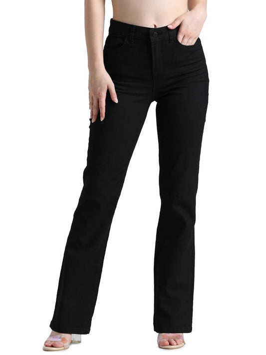 ONLY Women Solid Cotton Blend Flared Fit High Rise Black Jeans