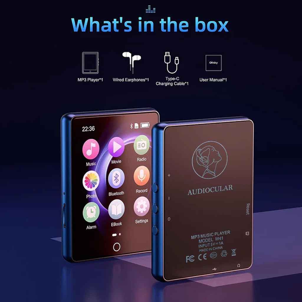 AUDIOCULAR M41 32GB Mp3 Player with Earphone, Portable Music Player, Bluetooth HiFi Digital Audio Player with 2.8” LCD Touch Screen, Built-in Speaker, Voice Recorder, Video Player, Support Upto128GB