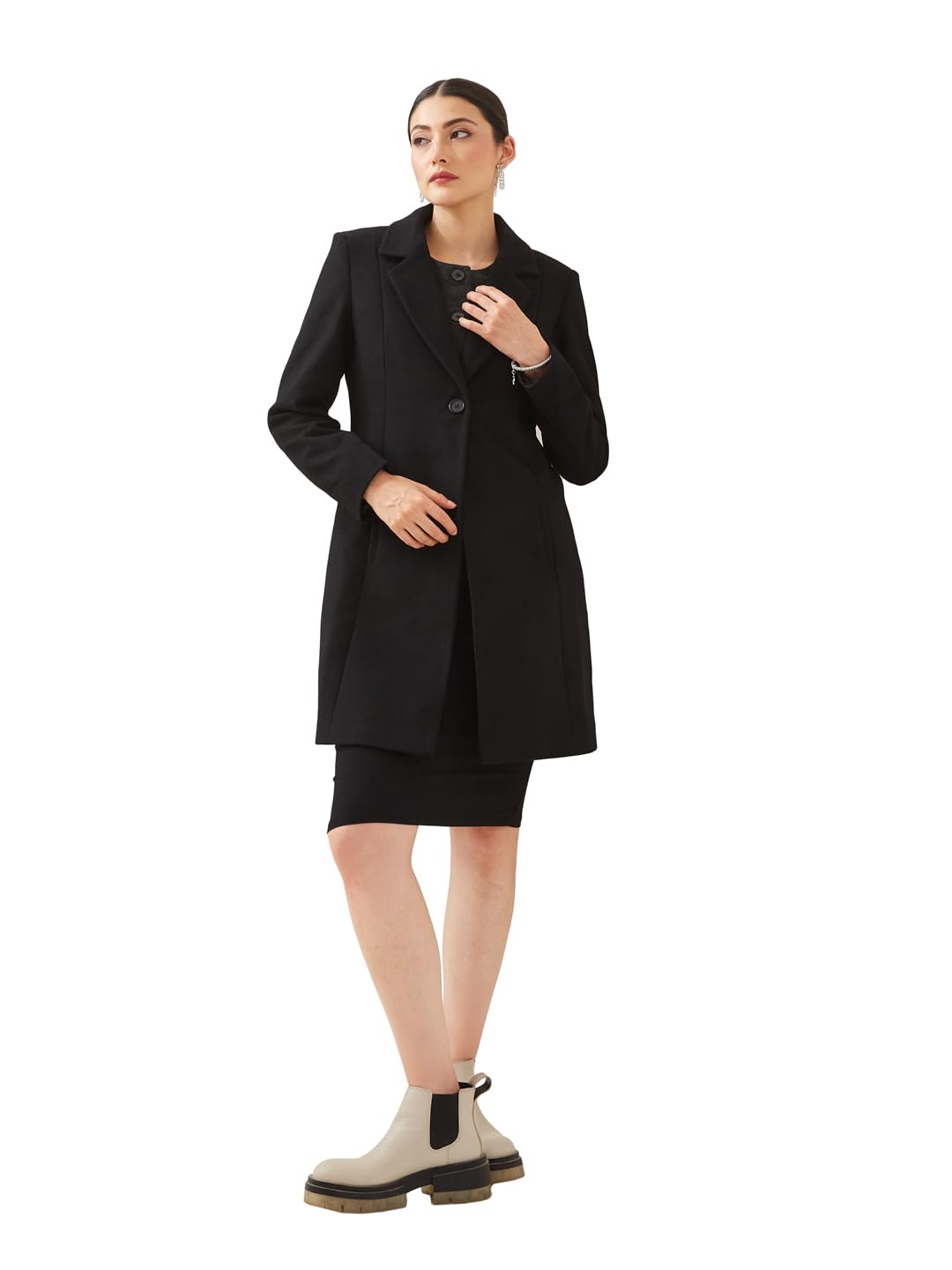 Latin Quarters Women Black Collared Full Sleeves Solid Casual Coat