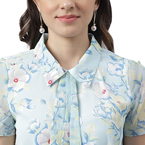 Latin Quarters Women Blue Floral Printed Cap Sleeves Shirt Top with Tie Up Neck