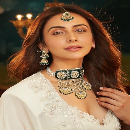 ACCESSHER Gold Plated Green Meenakari Rajwadi Style Choker Set with Earrings & Maangtikka with a Pair of Transparent Maagtikka Supporter Patch | For Women & Girls