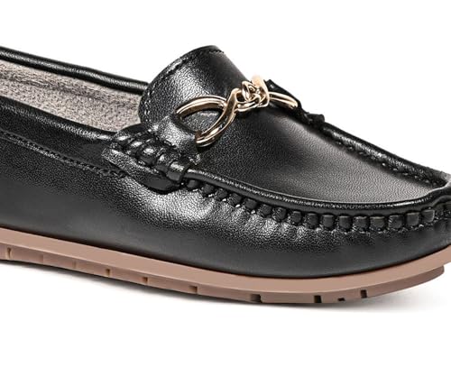 LOUIS STITCH Women's Black Premium Slip-On Loafers with Buckle | Elegant Solid Slip-On Comfort Shoes for Casual and Formal Wear | Slip-On Loafer Shoes for Women | LSLD-BLR-HS02-JB | UK-8