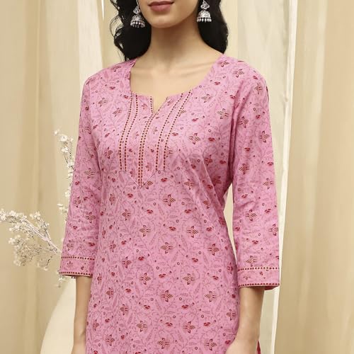 BIBA Women Pink Cotton Screen Print Unstitched Suit Set_FREE SIZE