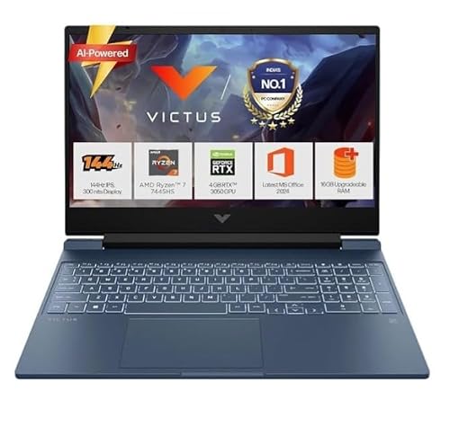HP Victus 15 Gaming Laptop AMD Ryzen R7-7445HS,12 GB DDR 5 RAM (UPGRADABLE),512GB SSD,6 GB RTX 3050,Win11, M365* Office24,144Hz,300 NITS,15.6'',Blue,FB3359AX AI Gaming Laptop