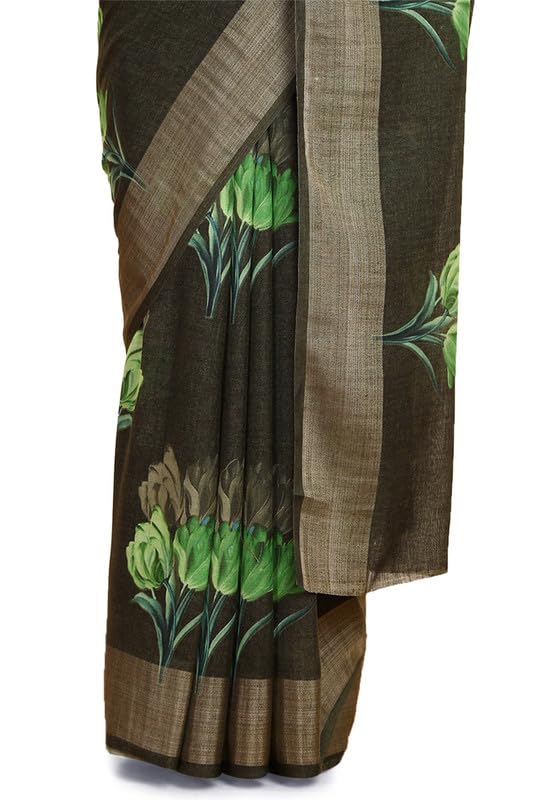 Soch Womens Green Linen Floral Print Saree